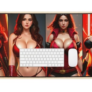 May include: A rectangular mouse mat featuring four images of a woman in red and black outfits. A white keyboard and mouse are on the mat. The background is a light beige colour.