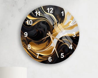 Black Gold Swirl Glass Wall Clock – Modern Abstract Art, Sleek Luxury Decor, Unique Home Accent, Statement Gift for Living Room or Office