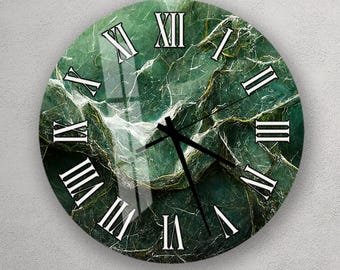 Groene marmeren wandklok - abstracte smaragdgroene steenkunst - modern decor van gehard glas - luxe, op de natuur geïnspireerd rond uurwerk voor woonkamer