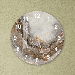 Unique Glass Abstract Wall Clock Wall Art, Marbled Style Tempered Glass Wall Clock, Housewarming Gift , Unique Gold Home Decor