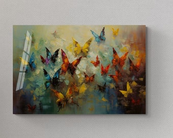 May include: A colourful painting of a swarm of butterflies in shades of blue, yellow, red, and orange. The butterflies are painted in a realistic style with a textured brushstroke effect.