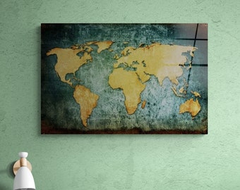 World Map Tempered Glass Wall Art Decor, Large Modern Wall Decoration for Living Room, Bedroom, Cafe, Home Wall Art, Home Office Gift