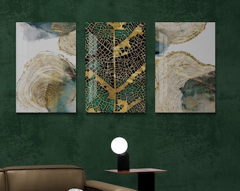 Tempered Glass Wall Art Decor Nature Style Decor  , Large Modern  3 Piece Above Bed Green and Gold Art, Contemporary Home or Wedding Gift