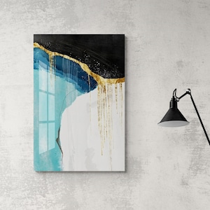 Abstract Tempered Glass Wall Art Decor  , Large Modern  Marble Style Gold Blue Wall Art, Contemporary Home or Wedding Gift
