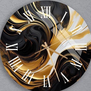 Glass Gold Black Wall Clock Wall Art, Marbled Style Tempered Glass Wall Clock, Modern Housewarming Gift, Unique Home Decor or Office Gift