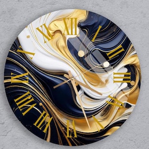 Marble Style Tempered Abstract Glass Wall Clock Art Liquid Swirls Gold Decorative Purple Unique Decoration Modern Home Decor Gift For Couple