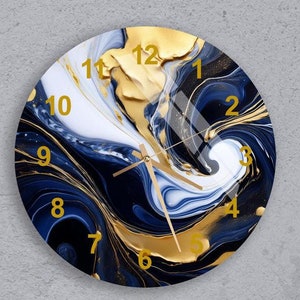 Marble Style Tempered Abstract Glass Wall Clock Art, Liquid Swirls Navy Blue Colors with Gold Powder, Unique Art Decor, Home Gift For Couple