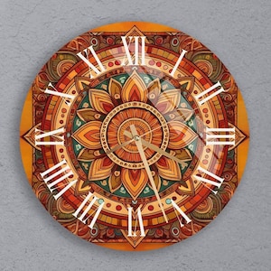 Boho Glass Wall Clock Wall Art, Mandala Tempered Glass Wall Clock, Warm Colors Bohemian Housewarming Gift, Unique Home & Office Decor