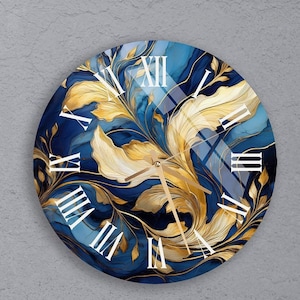 Blue And Gold Glass Wall Clock Wall Art, Abstract Floral Unique Wall Decor for Kitchen, Bedroom, Contemporary Elegant Home Gift For Couples