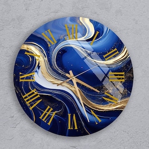 Tempered Abstract Style Glass Wall Clock Wall Art, Liquid Swirls in Beautiful Navy Blue Colors with Gold Powder, Unique Decor, Home Gift