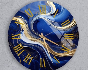Reloj de pared de cristal templado de estilo abstracto, arte de pared, remolinos líquidos en hermosos colores azul marino con polvo de oro, decoración única, regalo para el hogar