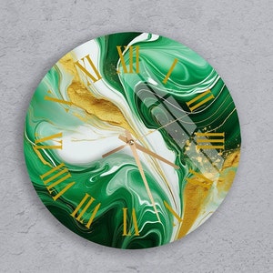 Tempered Glass Marble Style Wall Clock Wall Art, Abstract Blue Gold Unique Decor for Kitchen, Bedroom, Contemporary New Home or Office Gift