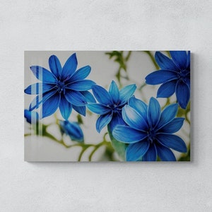 Tempered Glass Floral  Wall Art, White Flowers Wall Decor, Unique Design Blue Glass Wall Hanging, Home Gift, Housewarming Gift, Gift For Her