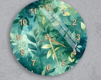 Green Foliage Tempered Glass Wall Clock - Botanical Watercolor Art Decor - Large Round Silent Modern Timepiece, Unique Nature Inspired Gift