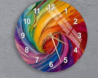 Glass Colorful Wall Clock Wall Art, Color Palette Tempered Glass Wall Clock for Living Room, Natural Housewarming Gift, Unique Home Decor