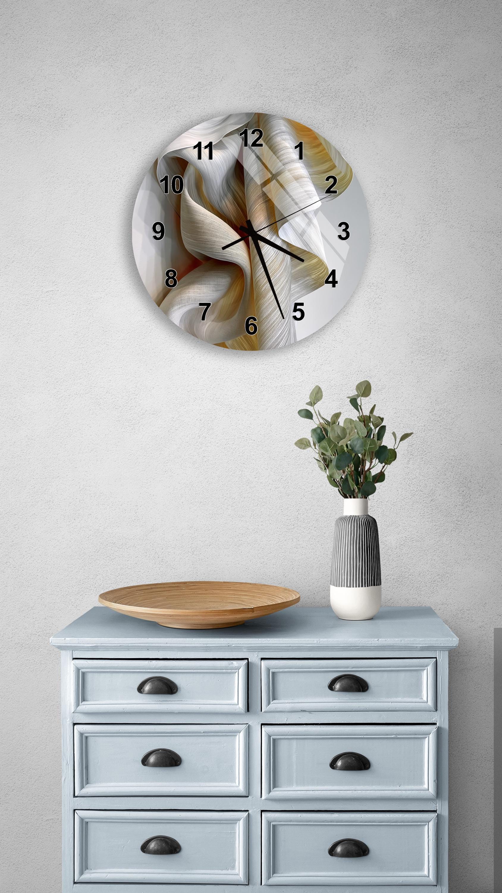 Folded Fabric Flow Tempered Glass Wall Clock, Pearl and Honey, Minimal ...