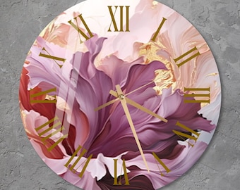 Glass Purple Flower Wall Clock Wall Art, Floral Tempered Glass Wall Clock for Bedroom, Natural Housewarming Gift, Unique Home & Office Decor