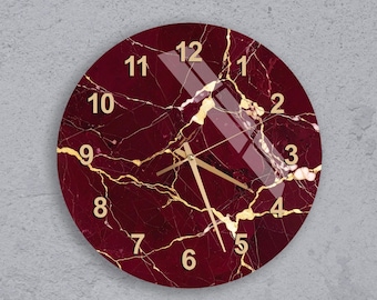 Reloj de pared de cristal templado color burdeos, con detalles en mármol rojo y dorado: decoración de lujo para el salón, regalo único para inauguración de casa, motor silencioso.