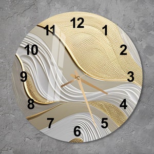 Glass White and Gold Abstract Wall Clock, Wall Art, Tempered Glass Round Wall Clock for Bedroom, Modern Housewarming Gift, Unique Home Decor