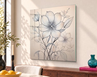 Minimalist Line Drawing Of Flowers And Leaves Tempered Glass Wall Art in Light Beige, Botanical Design, Perfect Plant Lover Gift