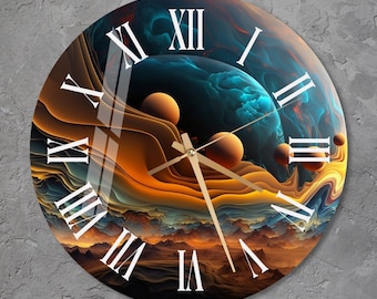 Glass Abstract Wall Clock Wall Art, Planets Tempered Glass Wall Clock for Living Room & Office,  Modern Housewarming Gift, Unique Home Decor