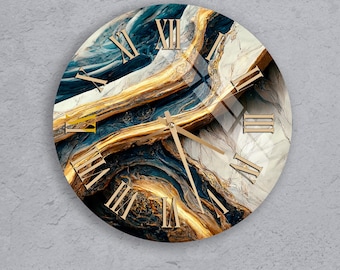 Reloj de pared abstracto azul dorado, arte moderno de vidrio templado, reloj de lujo con efecto mármol, decoración redonda grande, idea única para regalo de inauguración de la casa.