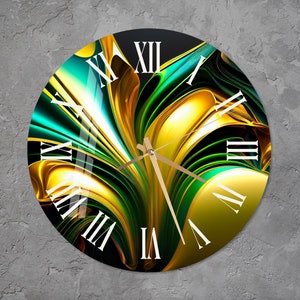 Glass Abstract Wall Clock, Tempered Glass Gold Emerald Home Wall Art Decor for Living Room, Unique Housewarming Gift, Contemporary Home Gift