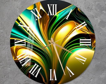 Glazen abstracte wandklok, gehard glas goud smaragd Home Wall Art decor voor woonkamer, uniek housewarmingcadeau, hedendaags huiscadeau