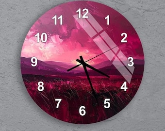 Glass Wall Clock - Abstract Pink Landscape Timepiece - Tempered Glass Face, Silent Mechanism, Living Room Wall Decor, Christmas Gift