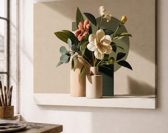 Floral Arrangement In Vases, Realism Large Canvas Wall Art, Beige and Green Hues, Abstract Decor, For Living Room, Art Collector Gift