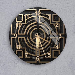 Art Deco Wall Clock, Tempered Glass Maze Design - Luxury Black Gold Geometric Home Decor, Large Modern Abstract Round Unique Office Display