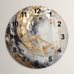 Glass Abstract Gold Wall Clock Wall Art, Gray Marble Tempered Glass Wall Clock for Living Room, Modern Housewarming Gift, Unique Home Decor