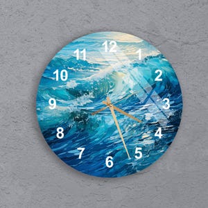 Coastal Wave Glass Wall Clock with Artistic Ocean Design, Tempered Glass Clock for Bathroom, Beach House or Relaxing Sea-Inspired Home Decor