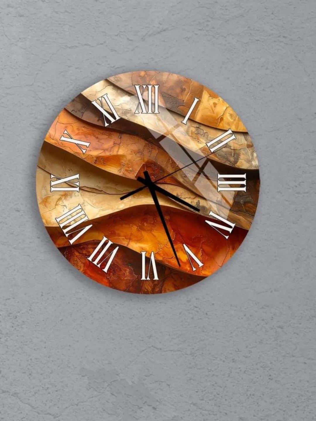 Abstract Art Clock: Earthy Wave Pattern - Tempered Glass, Large Round ...
