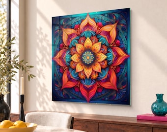 Mandala Tempered Glass Wall Art Digital Art for Meditation Room Spiritual Theme Perfect Spirituality Lover Gift, Home Gift Idea