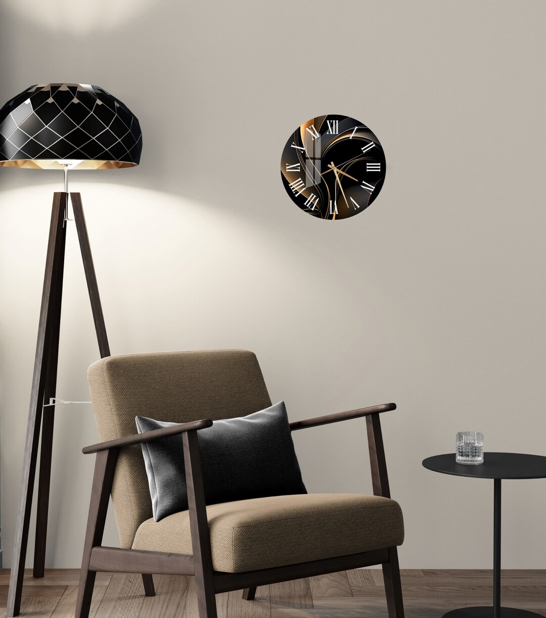 Black and Gold Tempered Glass Wall Clock - Modern Abstract Swirl Art ...