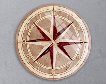 Compass Rose Tempered Glass Wall Clock in Dark Red with Geometric Style and Navigation Theme for Elegant Home Decor, Thanksgiving Gift