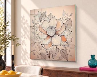 Flower Line Art Floral Design Tempered Glass Wall Art in Light Peach, Perfect Plant Lover Gift for Home or Office Décor, Home Gift Idea