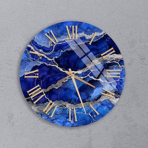 Blue Geode Tempered Glass Wall Clock, Cobalt and Silver, Dramatic Crystal Decor, Gift for Modern Interior