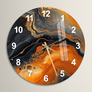 Tempered Glass Abstract Wall Clock Wall Art, Marbled Style Orange Unique Home Decor, Gray Home Decor, Contemporary New Home or Office Gift