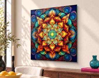 Mandala Pattern Digital Art Tempered Glass Wall Art for Meditation Room with Spirituality Theme, Home Gift Idea