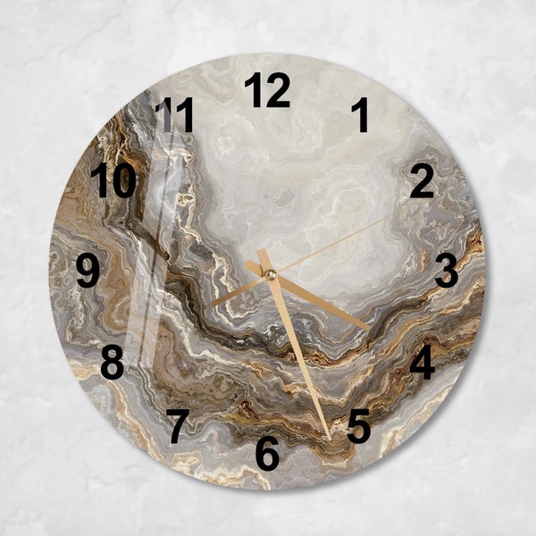 Glass Abstract Wall Clock Wall Art, Modern Marbled Style Tempered Glass Wall Clock, New Home Housewarming Gift, Unique Gold Home Wall Decor