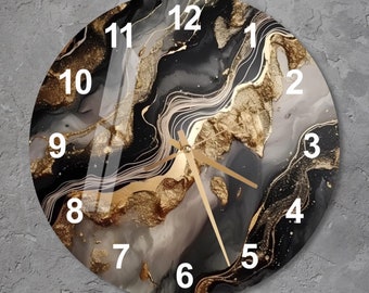 Glass Abstract Wall Clock Wall Art, Marbled Style Tempered Glass Wall Clock, Modern Housewarming Gift, Unique Gold Home Decor or Office Gift