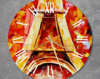 Horloge murale Eiffel colorée en verre, art mural, horloge murale moderne en verre trempé sur le thème de Paris pour nouveau bureau, cadeau de pendaison de crémaillère, décoration d'intérieur unique