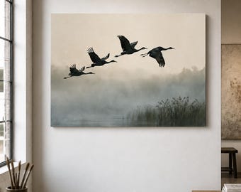 Flying Birds (Geese Or Cranes), Realistic Large Canvas Wall Art, Grayish-Beige and Black Hues, Wildlife Decor, For Living Room