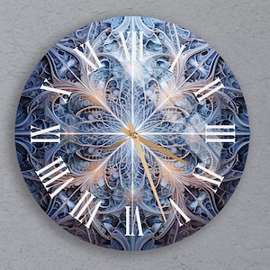 Fractal Art Tempered Glass Wall Clock – Roman Numerals – Blue Geometric Mandala Clock – Silent Modern Decor for Living Room or Office