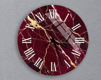 Reloj de pared de lujo color burdeos con cristal templado, diseño en mármol rojo y dorado: decoración moderna y elegante para la sala de estar, regalo ideal para inauguración de casa, reloj silencioso.
