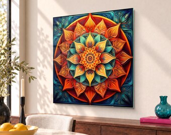 Symmetrical Mandala Digital Art Tempered Glass Wall Art Inspired by Spirituality for Unique Home Decor and Modern Interior Style