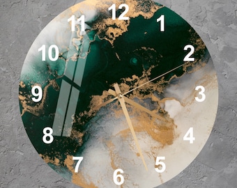 Tempered Glass Abstract Wall Clock Wall Art, Gold and Emerald Marbled Style, Unique Housewarming Gift for Couples, Contemporary Home Decor