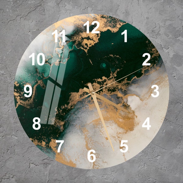 Tempered Glass Abstract Wall Clock Wall Art, Gold and Emerald Marbled Style, Unique Housewarming Gift for Couples, Contemporary Home Decor